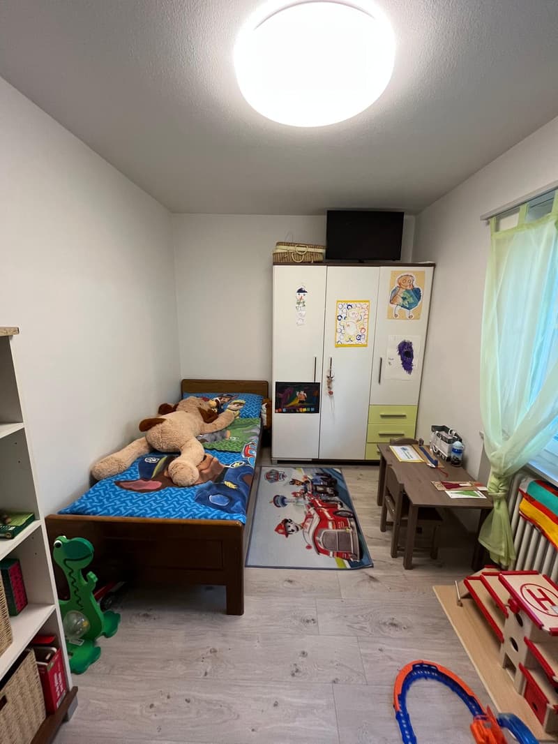 A bedroom with a bed, a desk, shelves with books, toys, and a rug