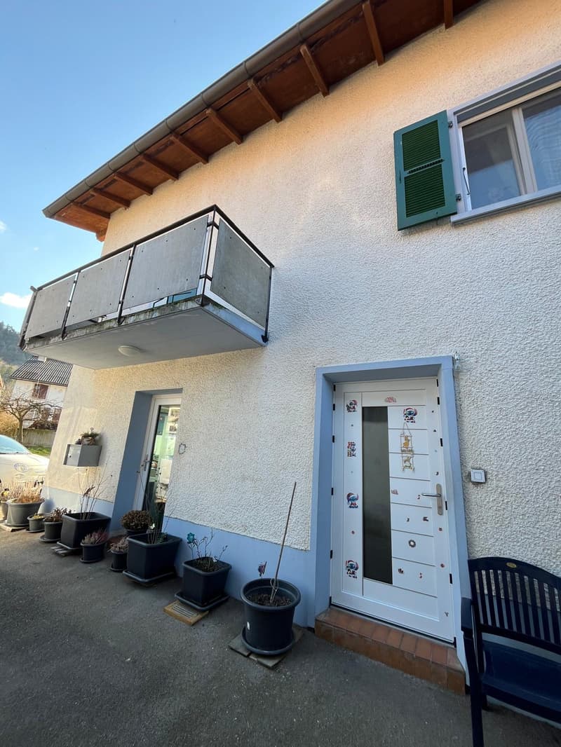 2-story house, white stucco wall, metal railing balcony, white door, multiple potted plants