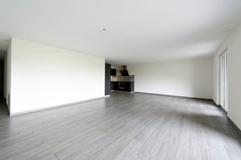 empty room, white walls, gray wooden floor, kitchen area with oven and extractor hood