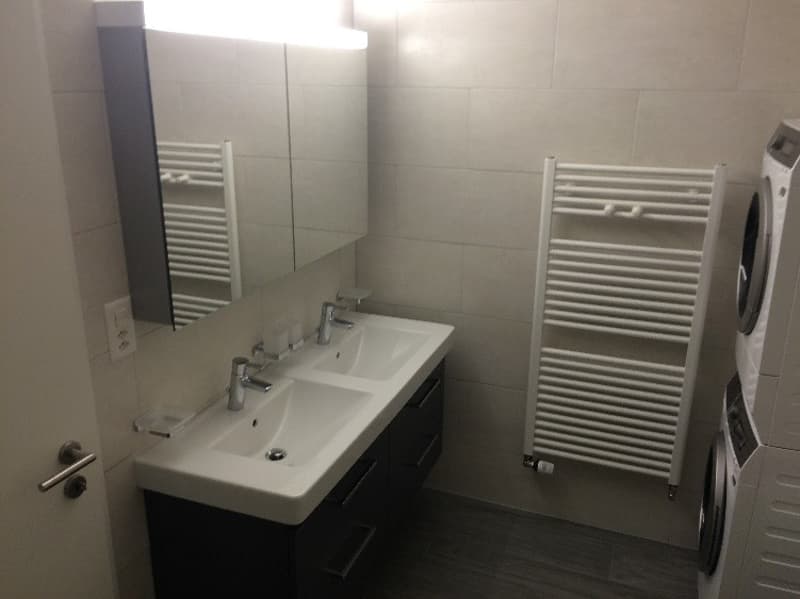 modern bathroom with double sink, mirror, towel rack, washing machine