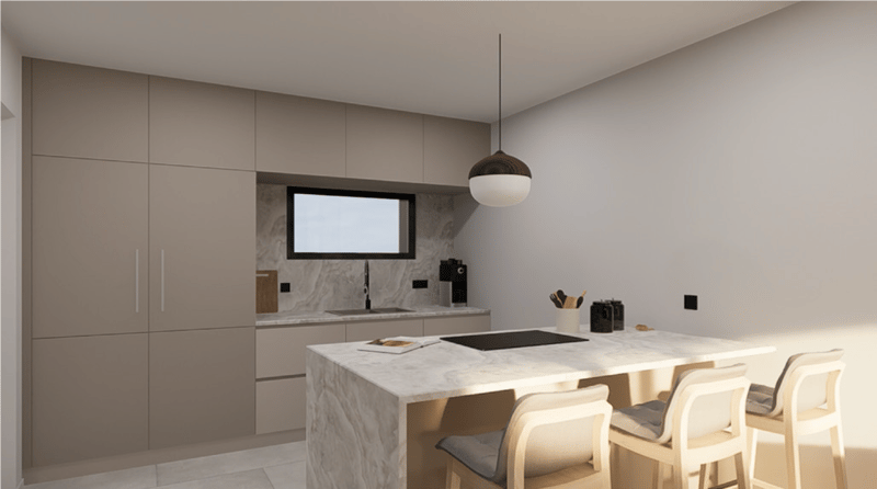 modern kitchen with marble countertop, island, white cabinets, pendant light, sink, window, stools