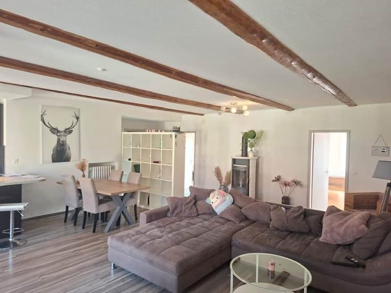 Living room with wooden beams, wooden floor, dining table, chairs, couch, coffee table, fireplace, shelves, picture, lamp, plants
