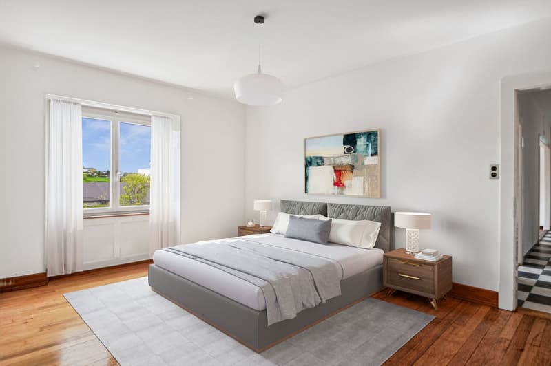 modern bedroom with white walls, wooden floor, large window with white curtains, bed with gray bedding, nightstands with lamps, decorative painting on the wall