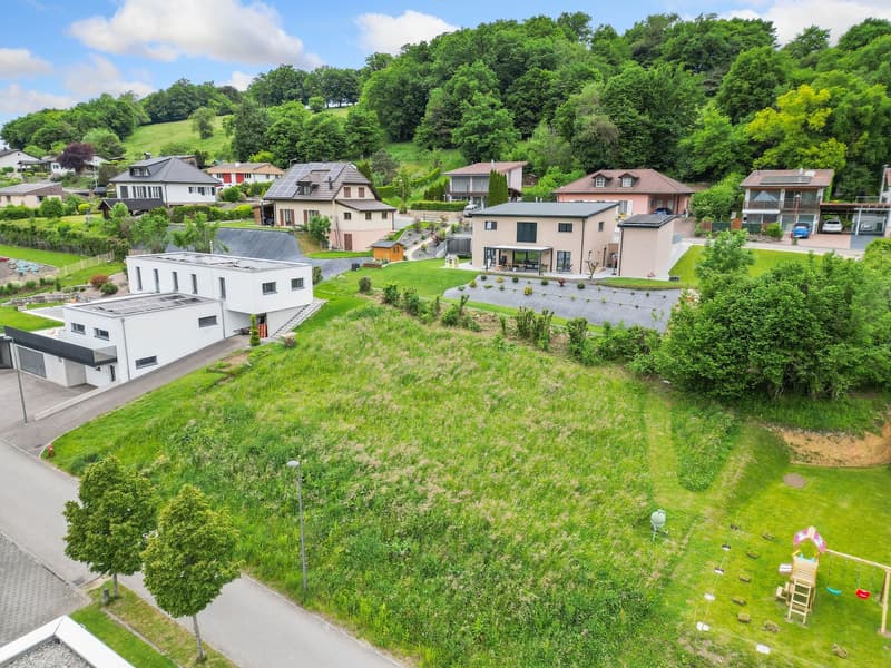 The image shows a residential neighborhood with a mix of single-family homes and multi-unit buildings nestled in a lush, green landscape. The houses have various architectural styles and some have balconies or terraces. There are also parking spaces visib