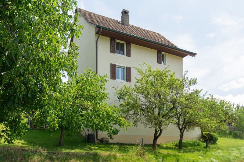 2 story house, cream-colored exterior, brown roof tiles, windows with shutters, surrounded by trees and greenery, balcony on the second floor