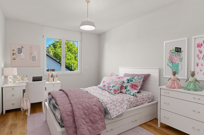 Bedroom with bed, desk, chair, lamp, wall decorations, figurines, wardrobe, and window with tree view.