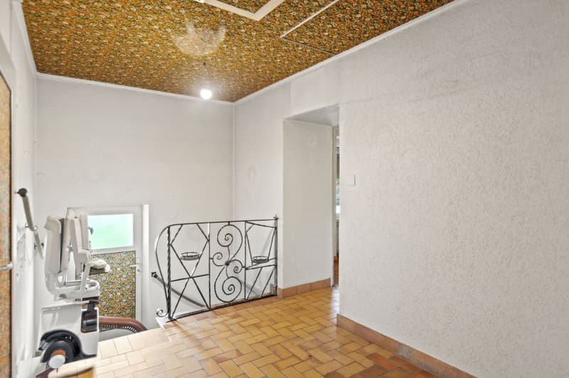 Entrance hall with tiled floor, white walls, wooden handrail on staircase, patterned ceiling, mounted lamp, entrance door, decorative tiles near the door.