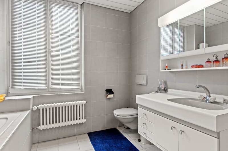 bathroom with sink, bathtub, toilet, mirror, shelves, towel rack, radiator