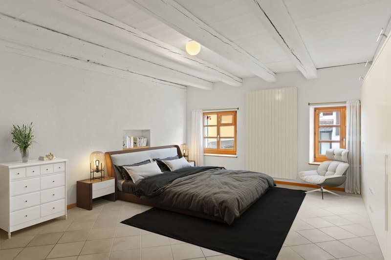 Large bed, nightstand with lamp, white dresser, white tile floor, white ceiling, chair, plant, two windows with wooden frames and curtains