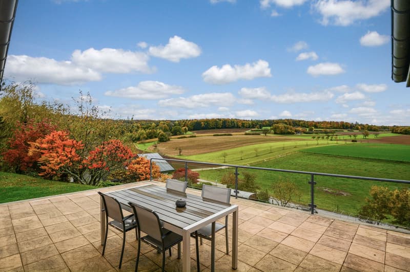 Outdoor patio with tiled flooring, table and chairs, metal railing, autumnal trees, green field view