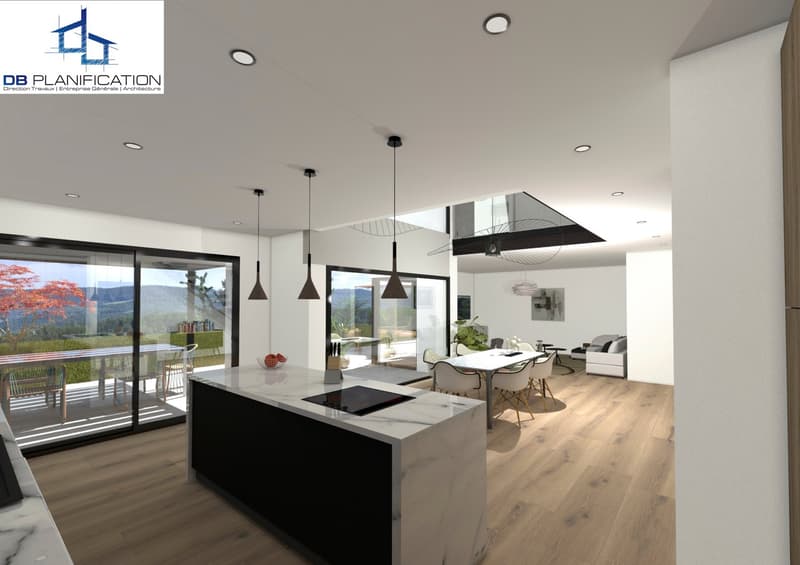 Modern open-plan kitchen and living room with large windows and a balcony with a view of the outside.