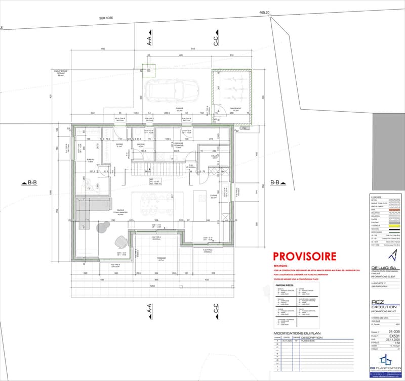 Floor plan showing layout of the rooms, garage, dimensions, and annotations