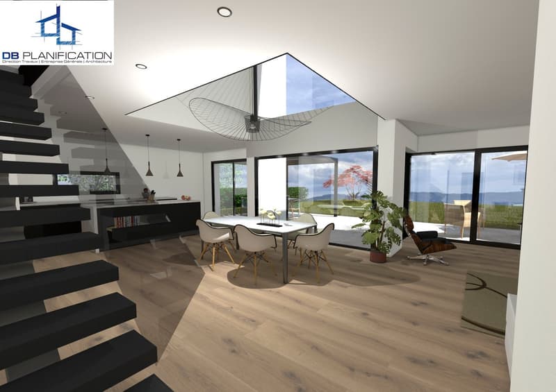 open plan living room with kitchen, dining area, glass walls, sky light, wood flooring