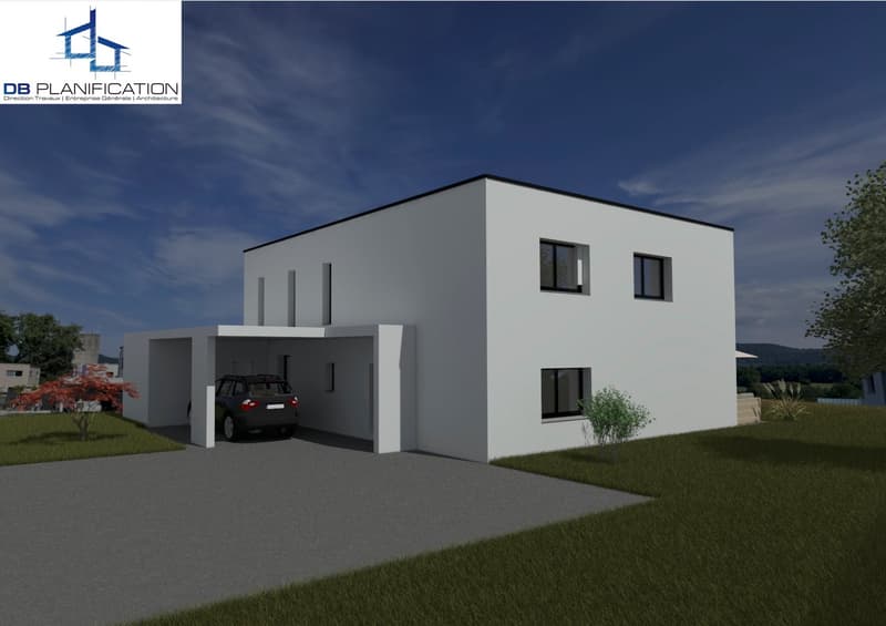 Modern house, white walls, large windows, car in garage, paved driveway, green lawn