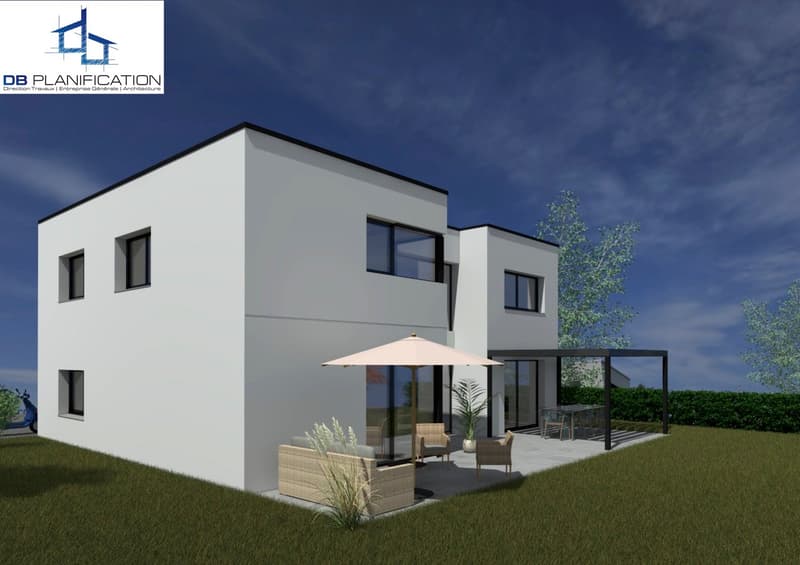 Modern house, two stories, white exterior, large windows, outdoor terrace, glass walls, green lawn, patio with umbrella and seating