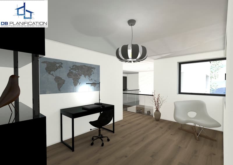 desk with chair, map, floor lamp, window with balcony