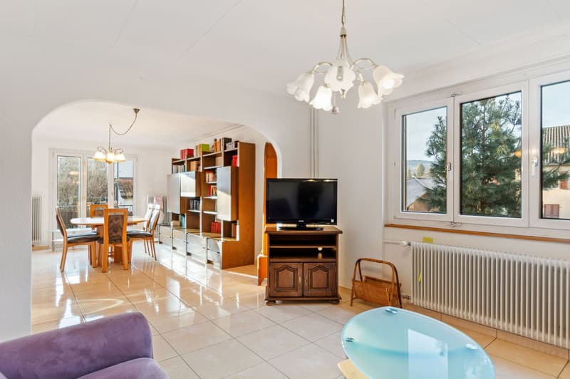 Living room with dining area, white walls, wooden flooring, shelves with books, television, dining table and chairs