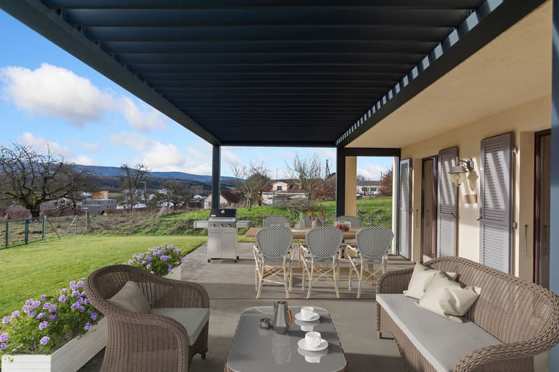 Outdoor terrace with chairs and table, grill, plants, panoramic view