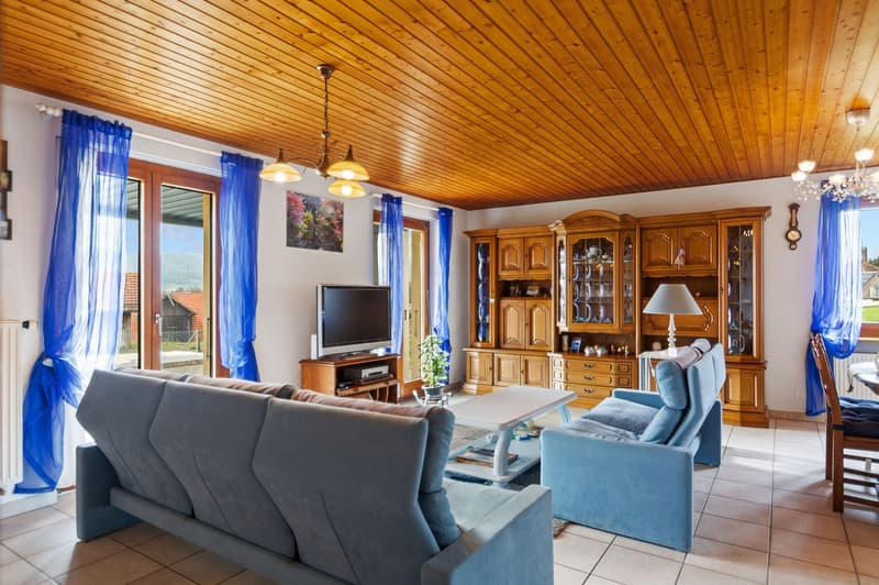Living room with light wood ceiling, white tiled floor, blue curtains, two blue couches, coffee table, TV, shelves, lamp, radiator, dining table and chairs.