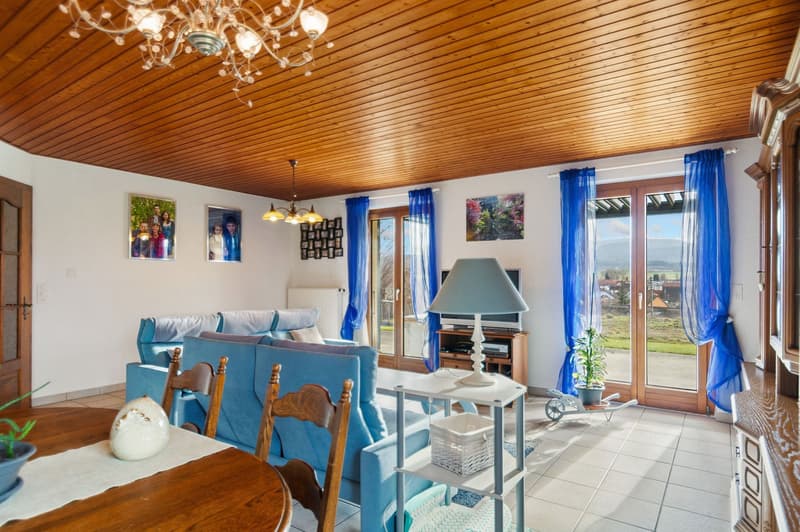 a cozy living room, with wooden ceiling, blue sofa, center table, two wooden chairs, a wooden table, potted plants, glass door with blue curtains, a TV cabinet with TV, a shelf, and a cabinet.