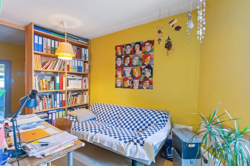a couch with pillows, a lamp, a desk, bookshelves, a painting, a potted plant