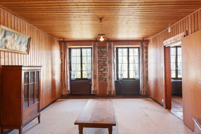 empty room, wooden walls, wooden table, wooden cabinet, three windows, picture frame