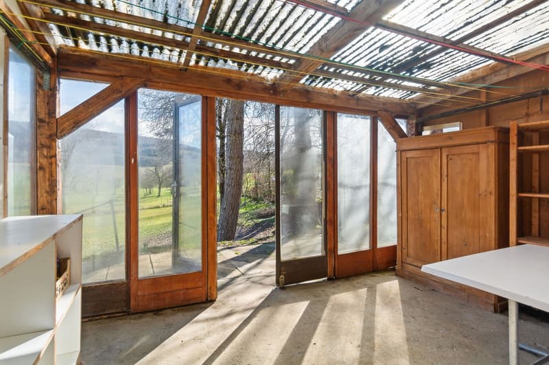 wooden walls, glass doors, wooden cabinet, table, wooden ceiling