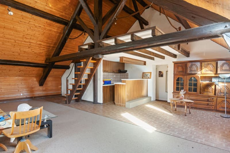 wooden beams, wooden floor, wooden staircase, kitchen, living area, wooden furniture, table, chair, lamp