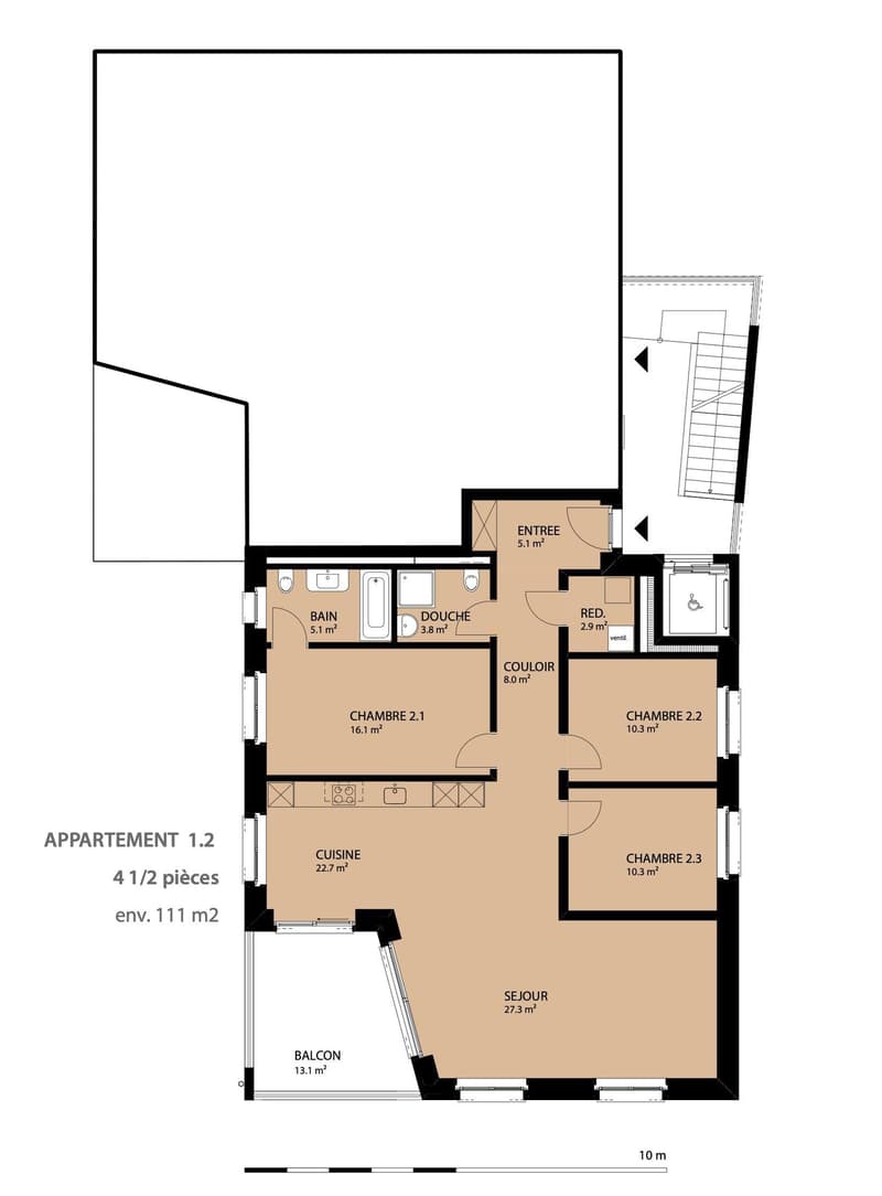 Entrance, bathroom, shower, dressing room, 3 bedrooms, living room, kitchen, balcony