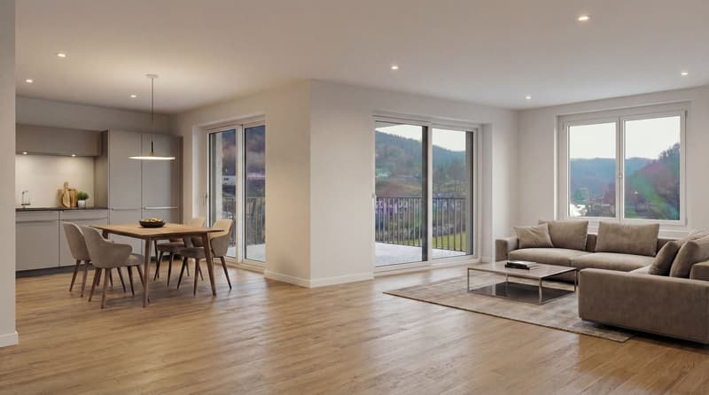 modern living room with wooden floor, large windows, balcony, dining table, couch, coffee table, rug