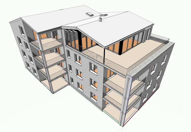 3 story building, multiple balconies, windows, roof terrace