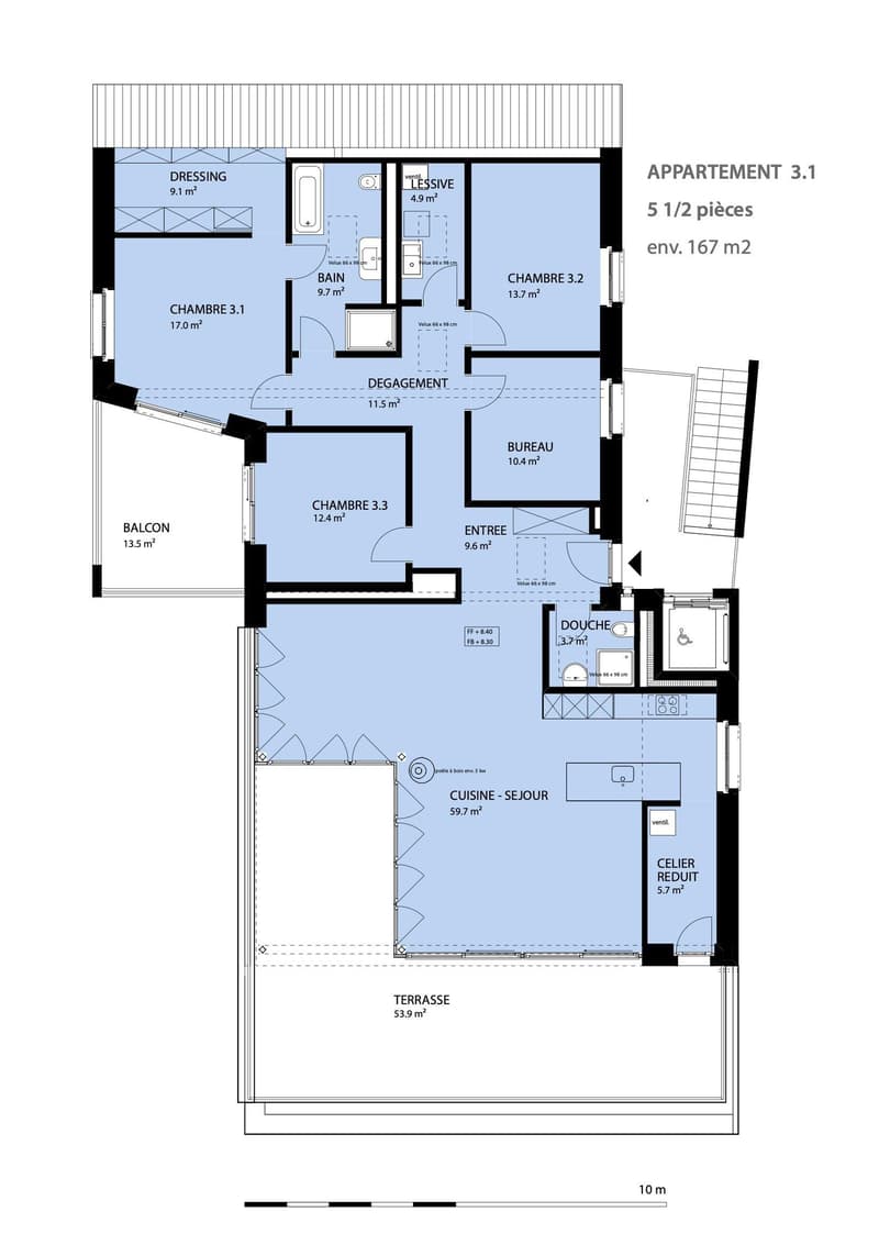 dressing, 3 bedrooms, bathroom, office, living room, kitchen, shower, terrace
