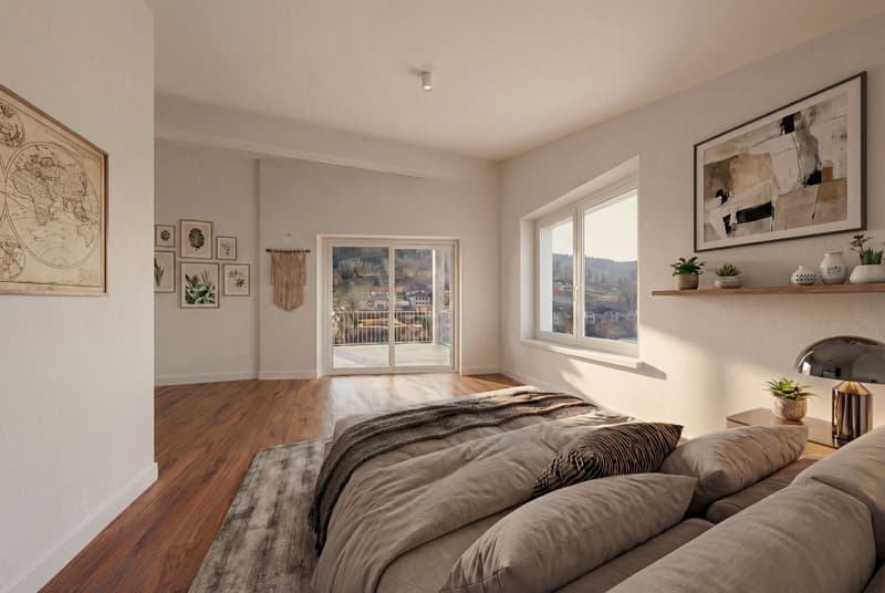 large bed, wooden floor, white walls, sliding glass door to balcony, large windows, decorative items, plants