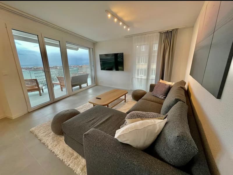 modern living room, grey sofa, wooden coffee table, beige rug, panoramic windows, terrace with chairs and tables