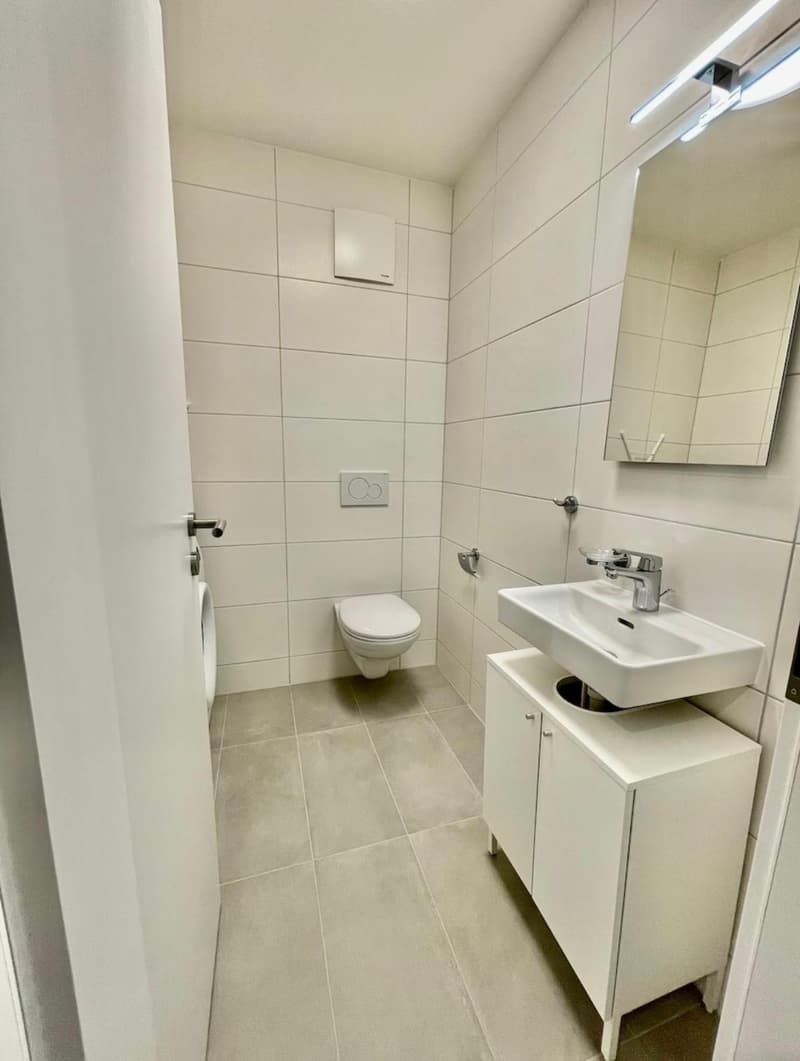 white tile, sink, toilet, urinal, mirror, under cabinet