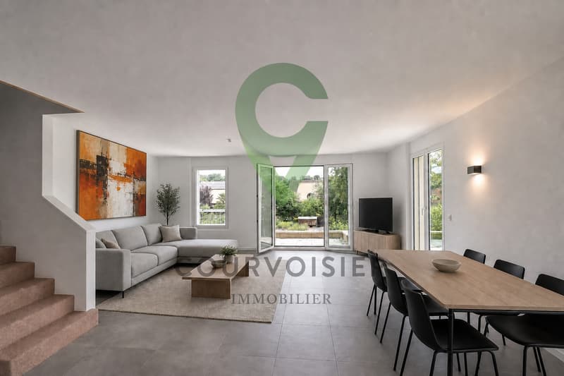 générée par l'IA - Non contractuel / a modern living room with white furniture and a large painting above the table in the dining room