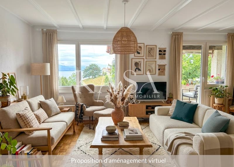 Salon avec vue sur le lac - aménagement virtuel