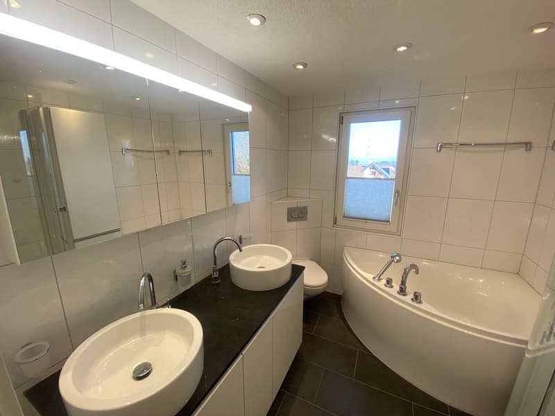 Large modern bathroom with white tile, 2 sinks, bathtub, toilet, large mirror, towel rack