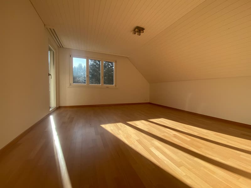 empty room with white walls, wooden floor, window, and wooden ceiling