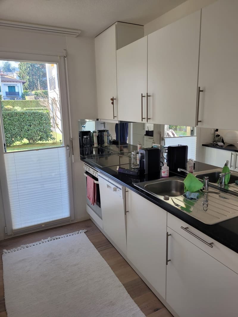 modern kitchen with white cabinets, black countertops, stainless steel sink, dishwasher, coffee machine, and a glass door leading to a garden