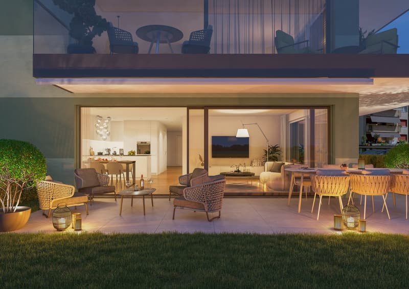 modern furnished outdoor dining area, glass doors to balcony, kitchen, TV, outdoor seating, garden