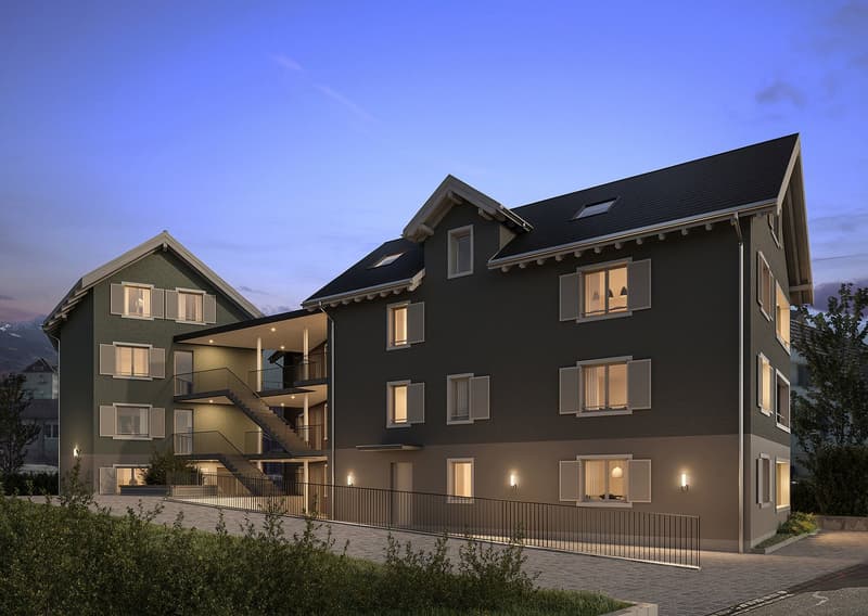 modern design, two story apartment, balconies, large windows, multiple parking spaces in front
