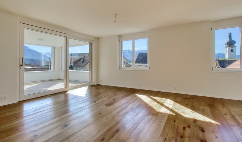 large open room, wooden floor, three windows, sliding glass doors leading to balcony, panoramic view of mountains