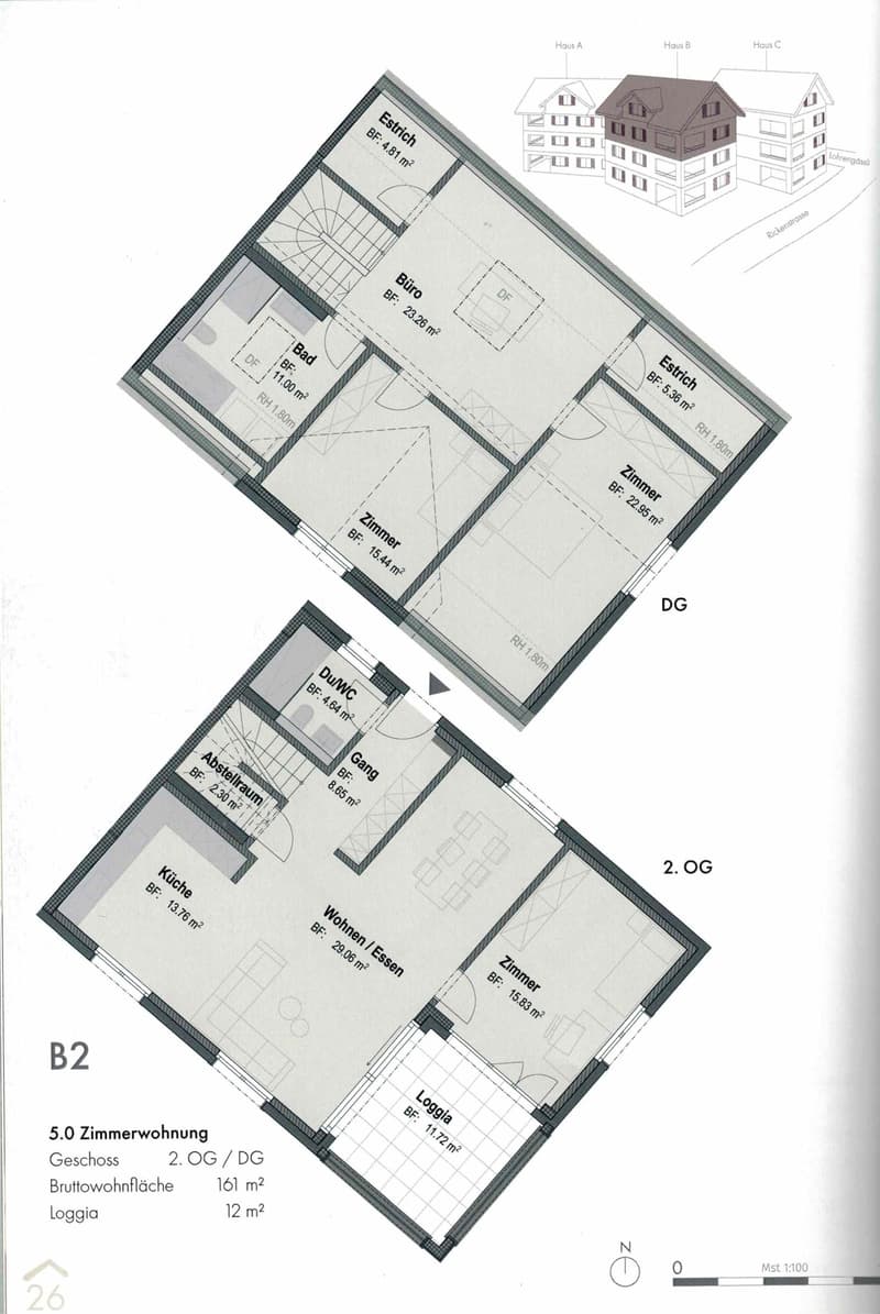 5th floor, 5 rooms, living area of 161 sqm, loft of 12 sqm
