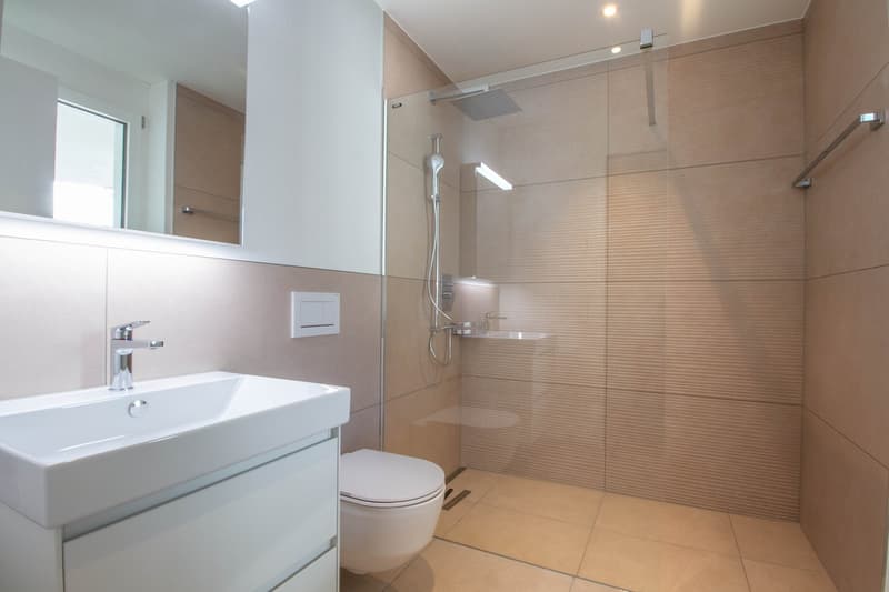 Bathroom with walk-in shower, toilet, sink with cabinet, modern fittings and beige tiles.