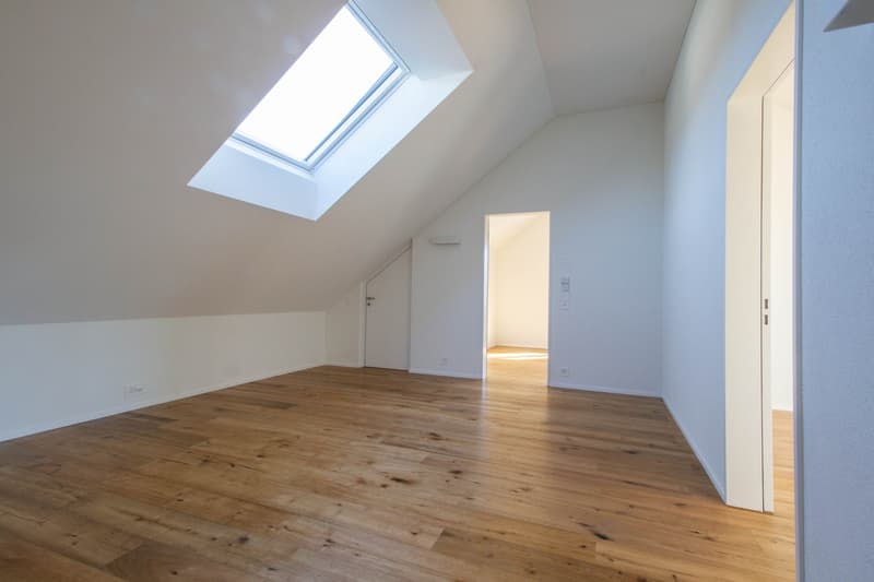 Large attic room with wooden floors and skylight
