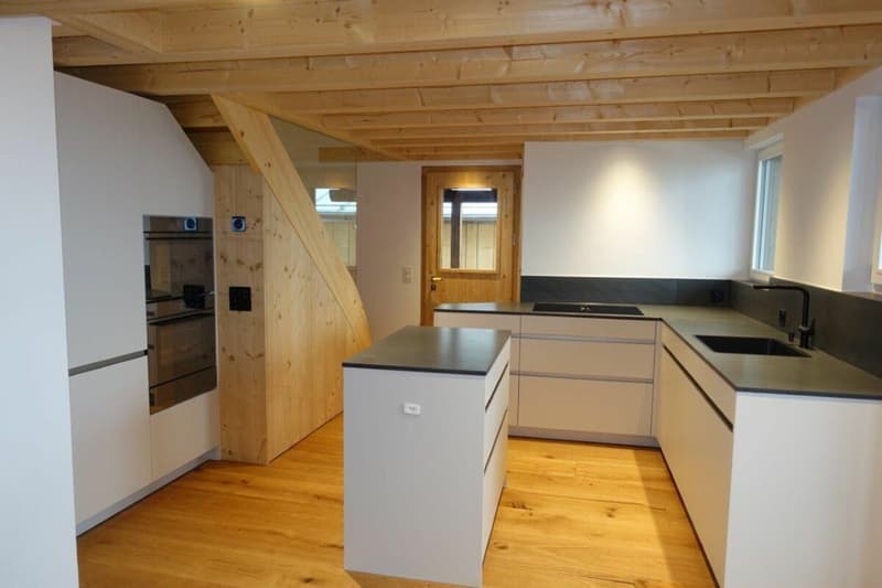Die moderne Küche mit Insel sowie Zugang zur Laube (Balkon)