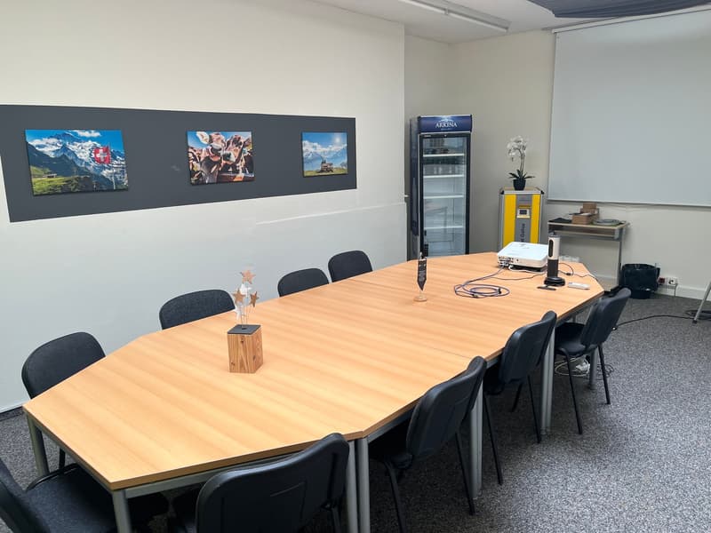 A large wooden table with black chairs, a whiteboard, and some decorations. Three pictures on the wall, a refrigerator, and a small table with flowers and boxes. There is a floor fan and carpet on the floor.