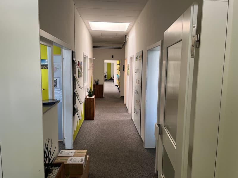 The image shows a hallway or corridor in an office or commercial space. The walls are painted in a neutral gray color, with some accents of bright yellow. The floor is covered in gray carpeting. There are several doors lining the hallway, suggesting it le