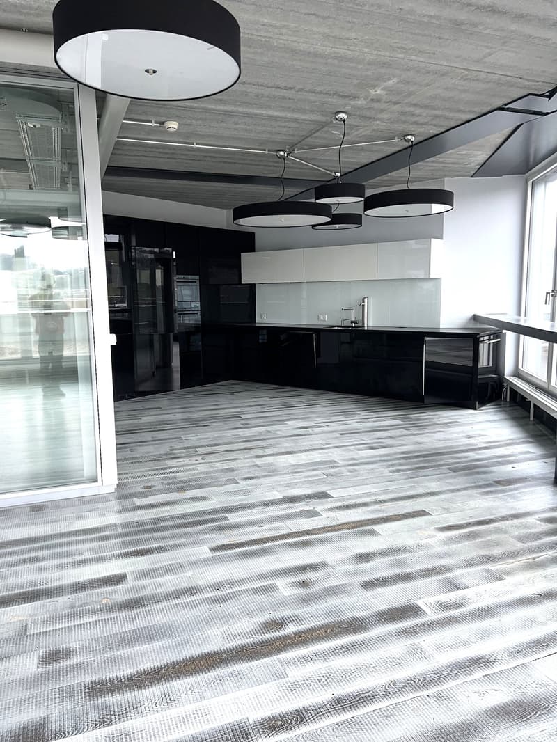 Modern kitchen, white countertops, black cabinets, glass sliding door, modern lighting